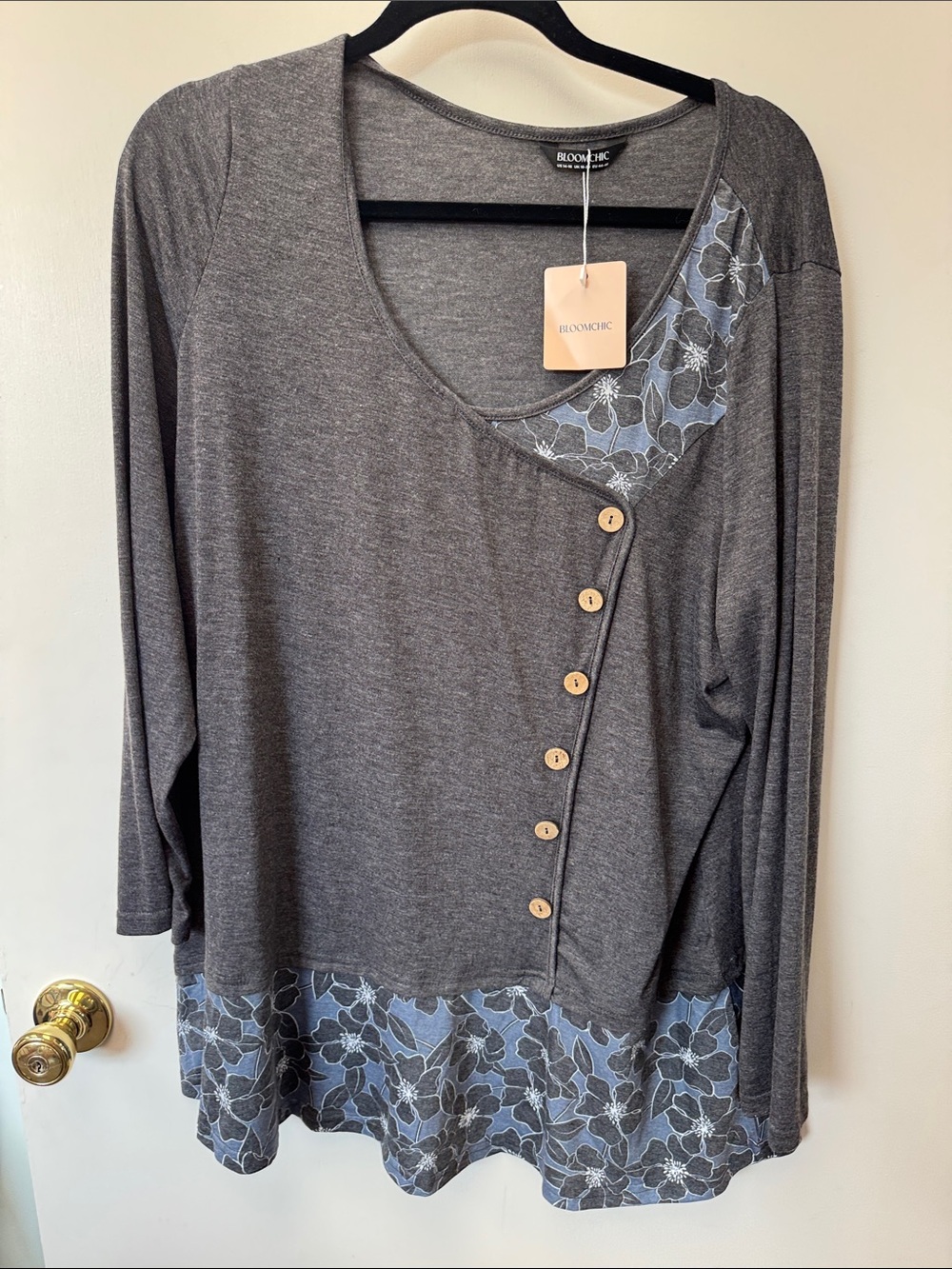 BloomChic Charcoal Gray Floral-Trim Long Sleeve Button Top